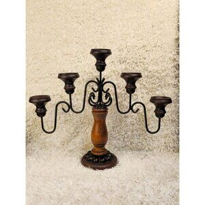 Vintage Wooden & Metal 5-Arm Candelabra Candle Holder With Intricate Design